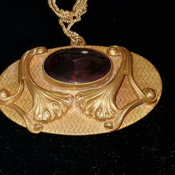 Art Nouveau Plated Cabochon Glass Necklace Antique Converted Brooch 18in - Picture 9 of 13